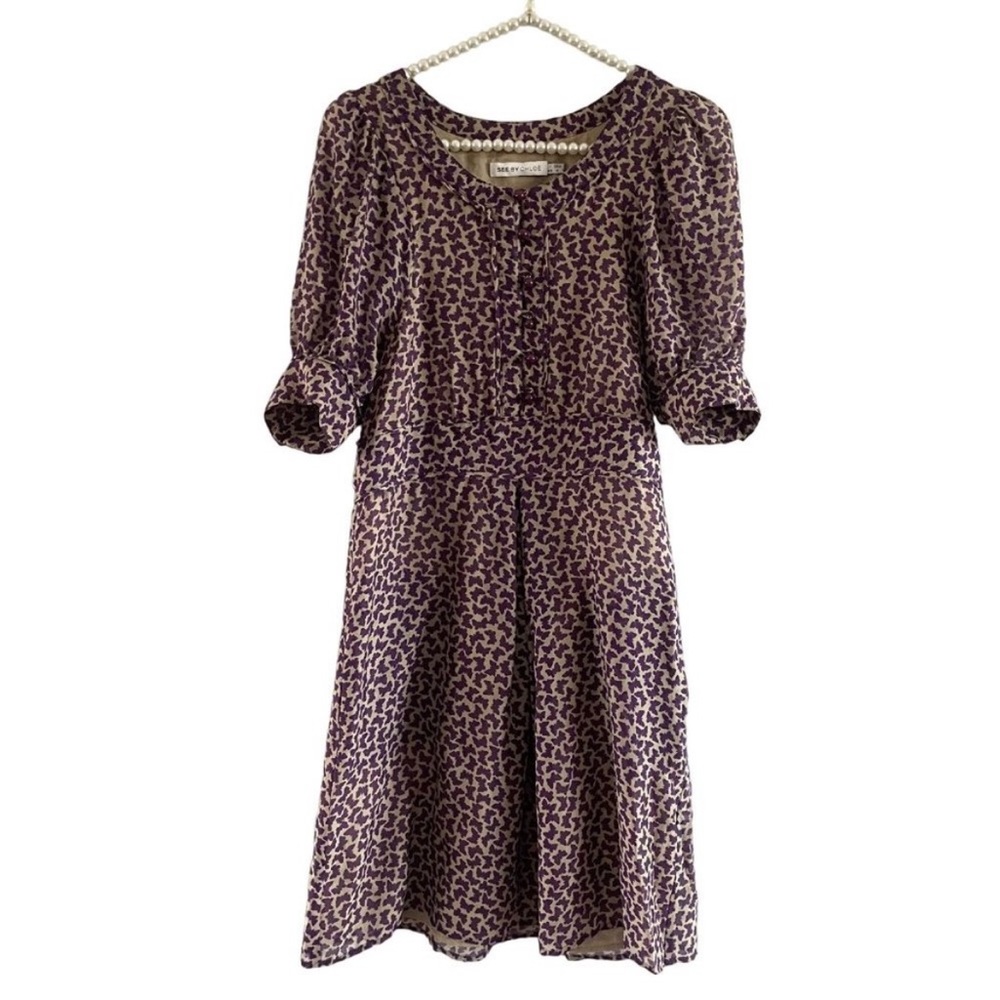 SEE BY CHLOE Silk Wool Purple Butterflies Puff Sleeves Fit Flare Mini Dress, 4.